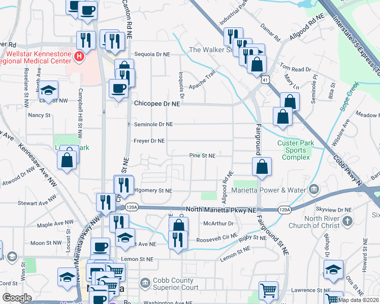 map of restaurants, bars, coffee shops, grocery stores, and more near 319 Pine Street Northeast in Marietta
