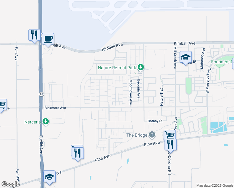 map of restaurants, bars, coffee shops, grocery stores, and more near 7569 Spitfire Street in Chino