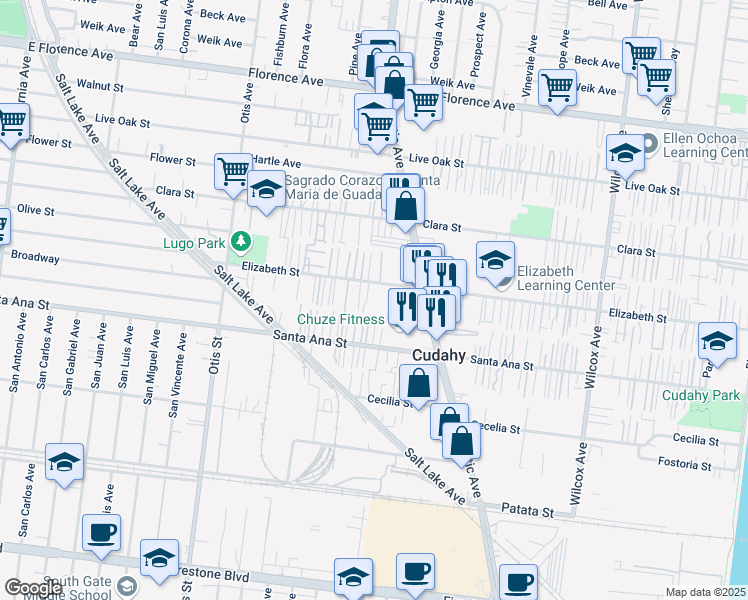 map of restaurants, bars, coffee shops, grocery stores, and more near 4530 Elizabeth Street in Bell Gardens