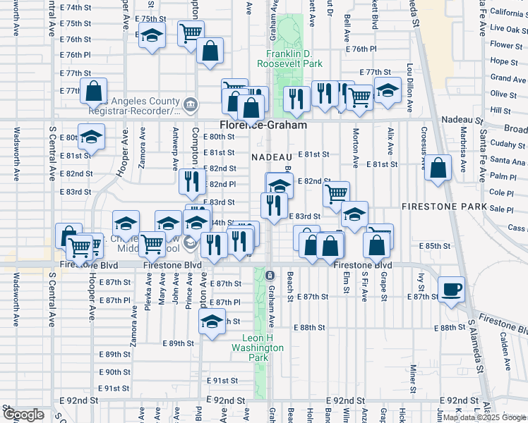 map of restaurants, bars, coffee shops, grocery stores, and more near 1674 East 83rd Street in Los Angeles