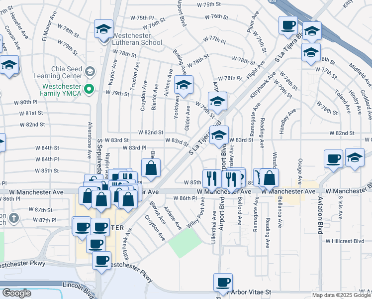 map of restaurants, bars, coffee shops, grocery stores, and more near 8308 Flight Avenue in Los Angeles