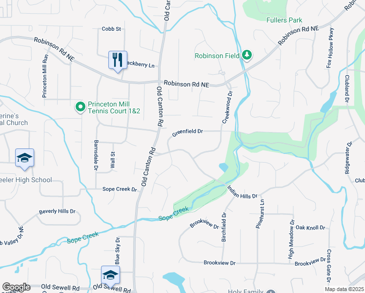 map of restaurants, bars, coffee shops, grocery stores, and more near 3145 Indian Hills Drive in Marietta