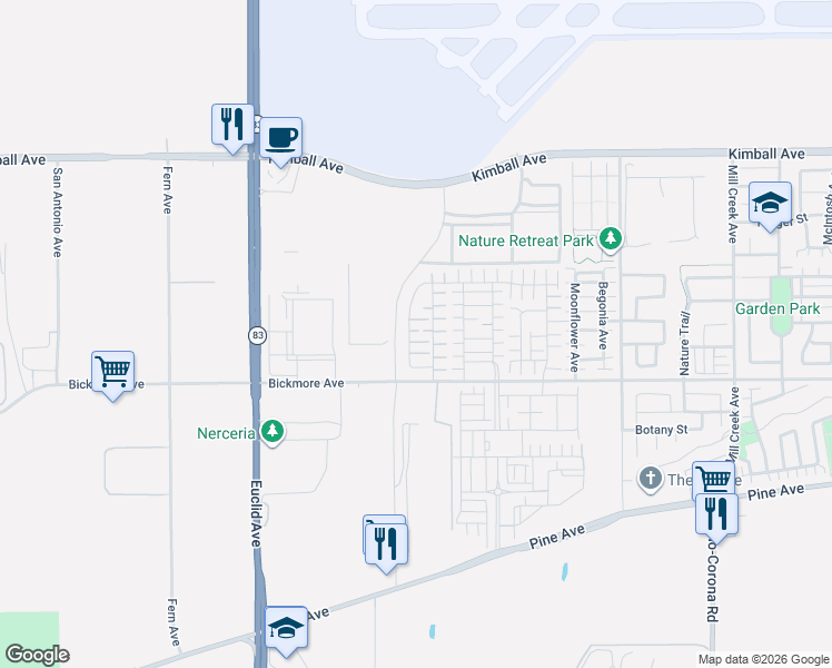 map of restaurants, bars, coffee shops, grocery stores, and more near 7339 Portia Lane in Chino