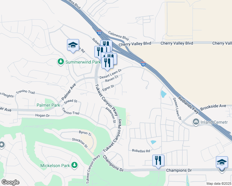map of restaurants, bars, coffee shops, grocery stores, and more near 1016 Avocet Court in Calimesa
