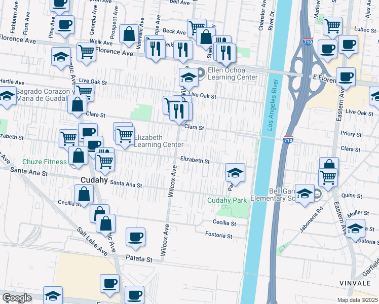 map of restaurants, bars, coffee shops, grocery stores, and more near 5031 1/2 Elizabeth Street in Bell Gardens