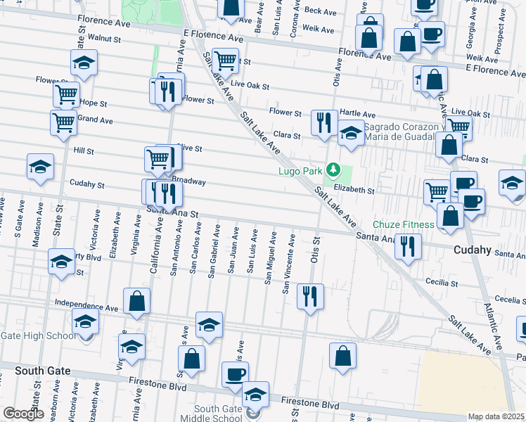 map of restaurants, bars, coffee shops, grocery stores, and more near 4006 Cudahy Street in Huntington Park