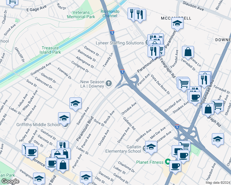 map of restaurants, bars, coffee shops, grocery stores, and more near 9014 Paramount Boulevard in Downey