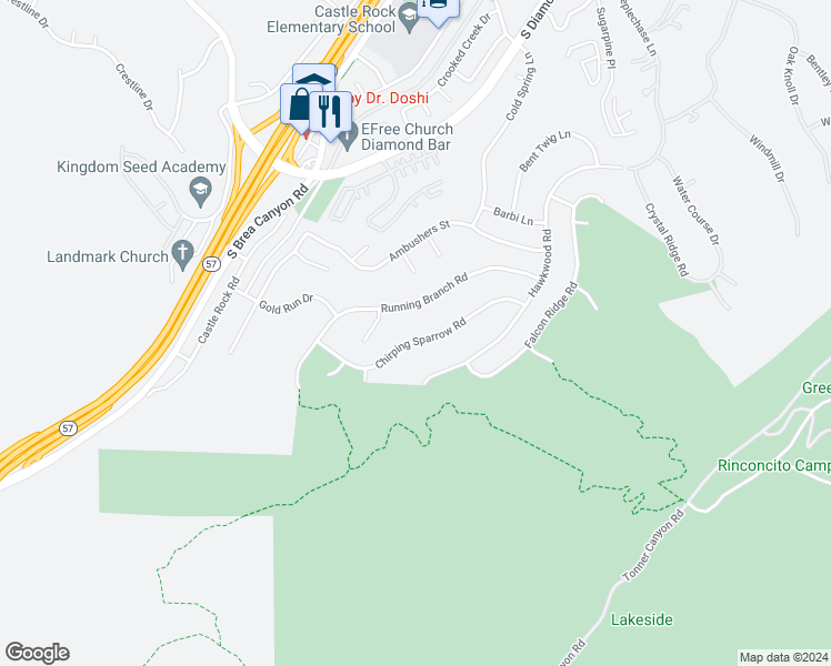 map of restaurants, bars, coffee shops, grocery stores, and more near 21307 Chirping Sparrow Road in Diamond Bar