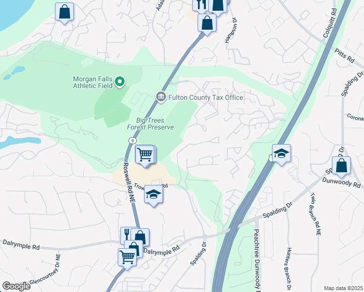 map of restaurants, bars, coffee shops, grocery stores, and more near 72 Spalding Trail Northeast in Atlanta