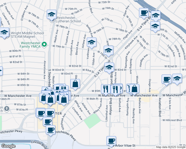 map of restaurants, bars, coffee shops, grocery stores, and more near 6001 West 83rd Place in Los Angeles