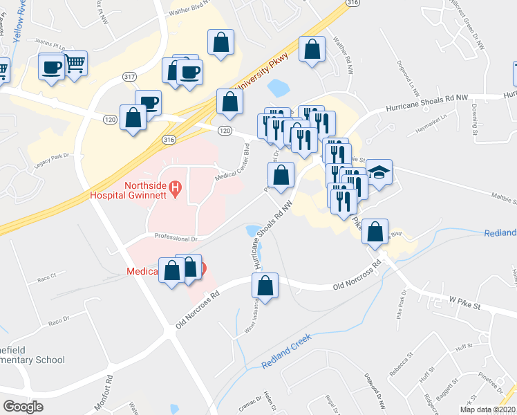 map of restaurants, bars, coffee shops, grocery stores, and more near 601 Hurricane Shoals Road Northwest in Lawrenceville
