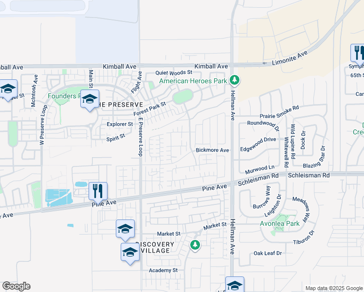 map of restaurants, bars, coffee shops, grocery stores, and more near 8661 Bay Laurel Street in Chino