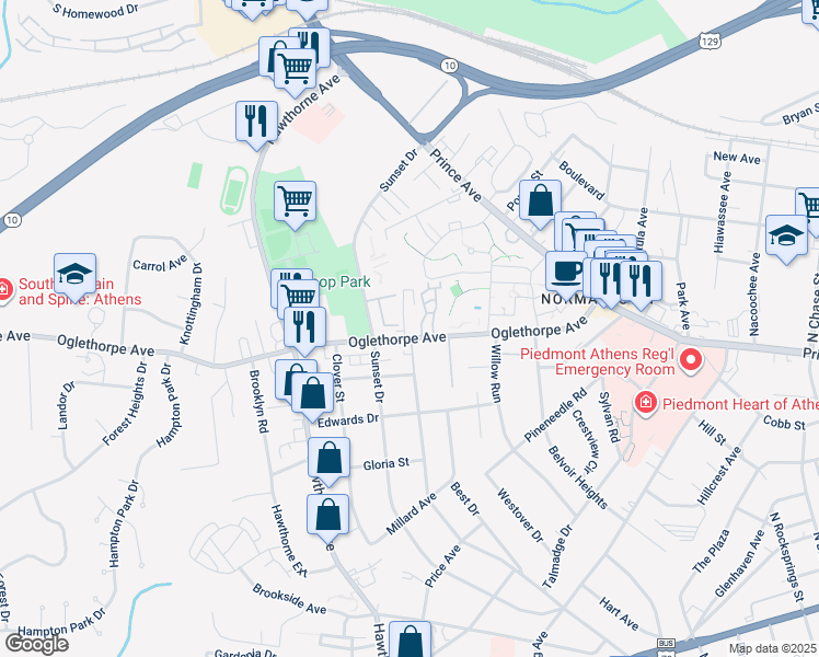 map of restaurants, bars, coffee shops, grocery stores, and more near 354 Oaktree Square in Athens