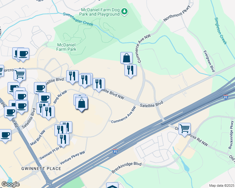 map of restaurants, bars, coffee shops, grocery stores, and more near 3237 Satellite Boulevard in Duluth