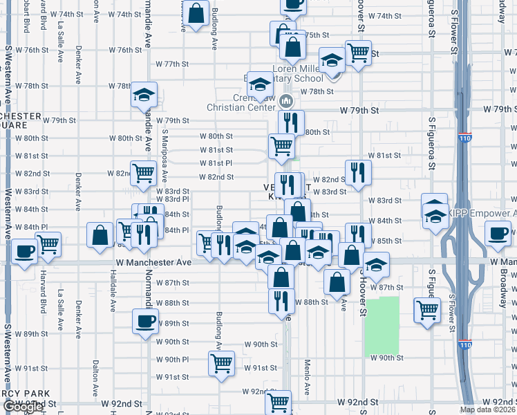 map of restaurants, bars, coffee shops, grocery stores, and more near 1031 West 84th Street in Los Angeles