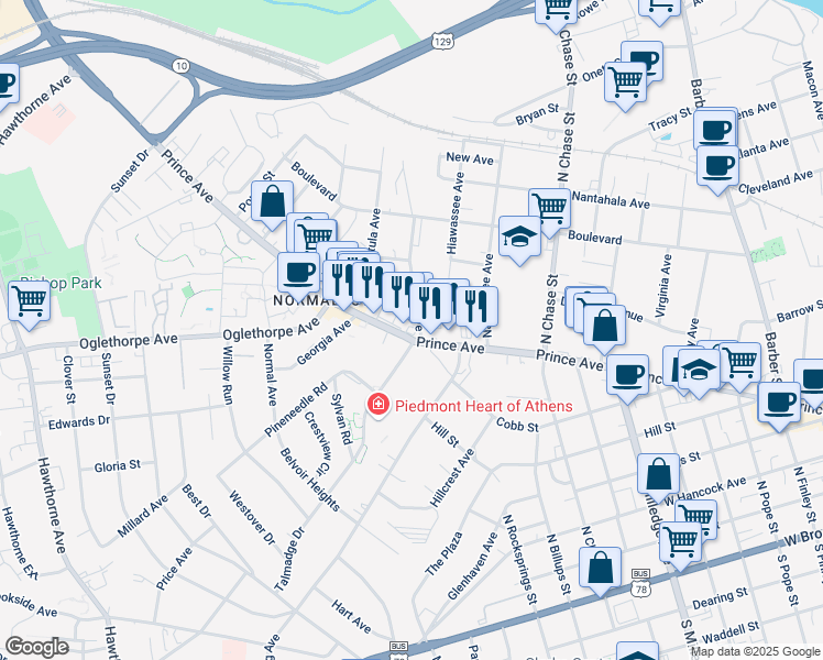 map of restaurants, bars, coffee shops, grocery stores, and more near 1226 Georgia 15 Alternate in Athens