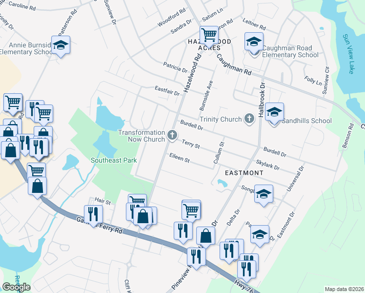 map of restaurants, bars, coffee shops, grocery stores, and more near 7520 Terry Street in Columbia