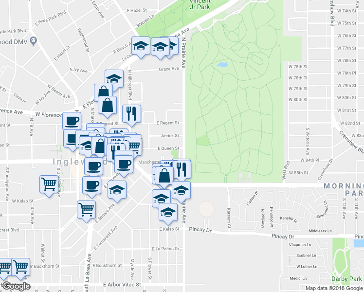 map of restaurants, bars, coffee shops, grocery stores, and more near 667 East Queen Street in Inglewood