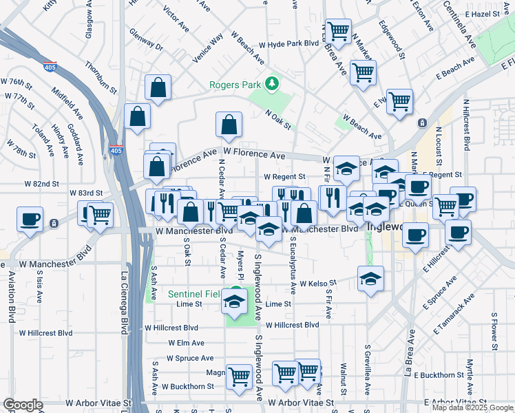 map of restaurants, bars, coffee shops, grocery stores, and more near Inglewood Avenue & West Queen Street in Inglewood