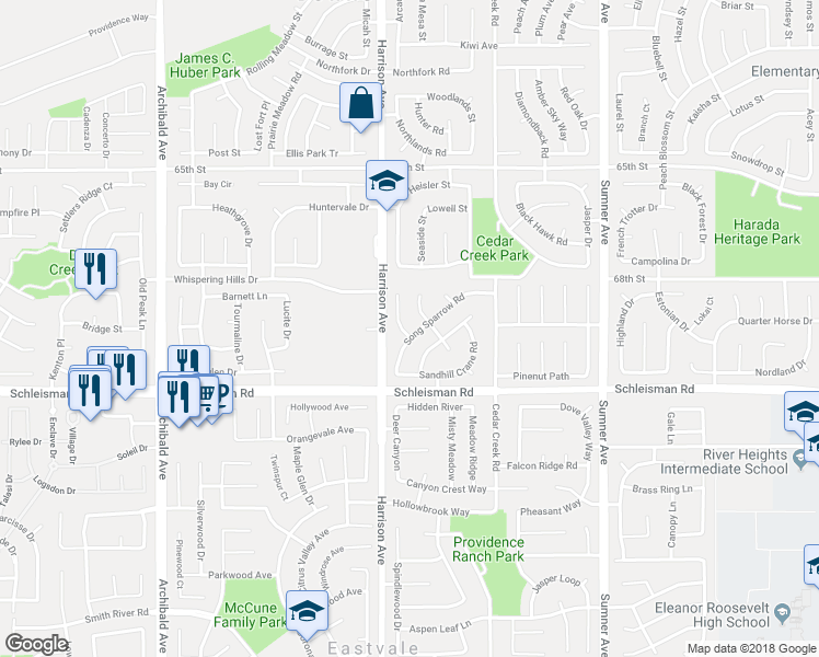 map of restaurants, bars, coffee shops, grocery stores, and more near 6915 Song Sparrow Road in Corona