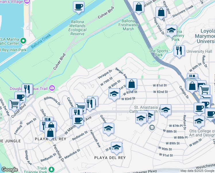 map of restaurants, bars, coffee shops, grocery stores, and more near 7831 West 80th Street in Los Angeles