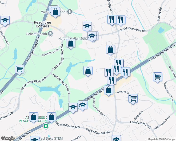 map of restaurants, bars, coffee shops, grocery stores, and more near 335 Research Court in Norcross