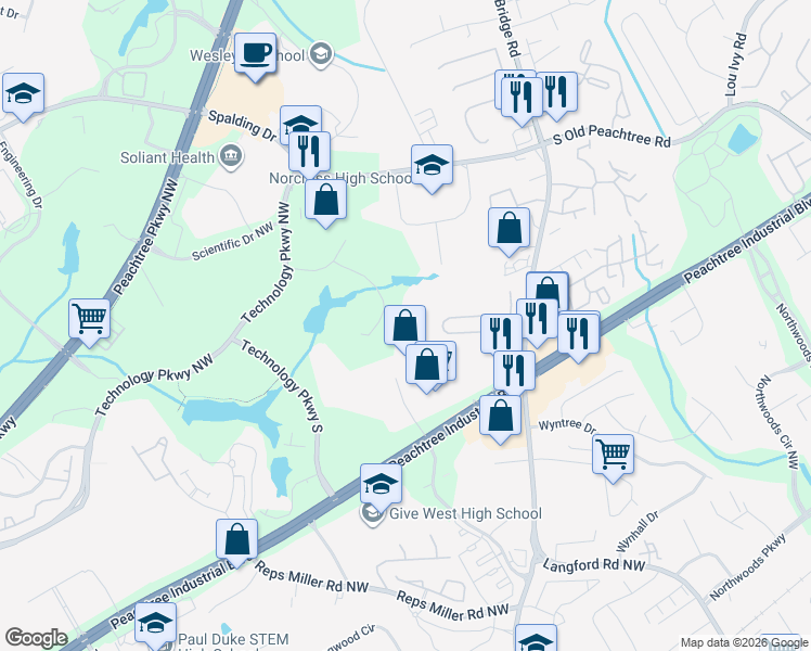 map of restaurants, bars, coffee shops, grocery stores, and more near 335 Research Court in Norcross