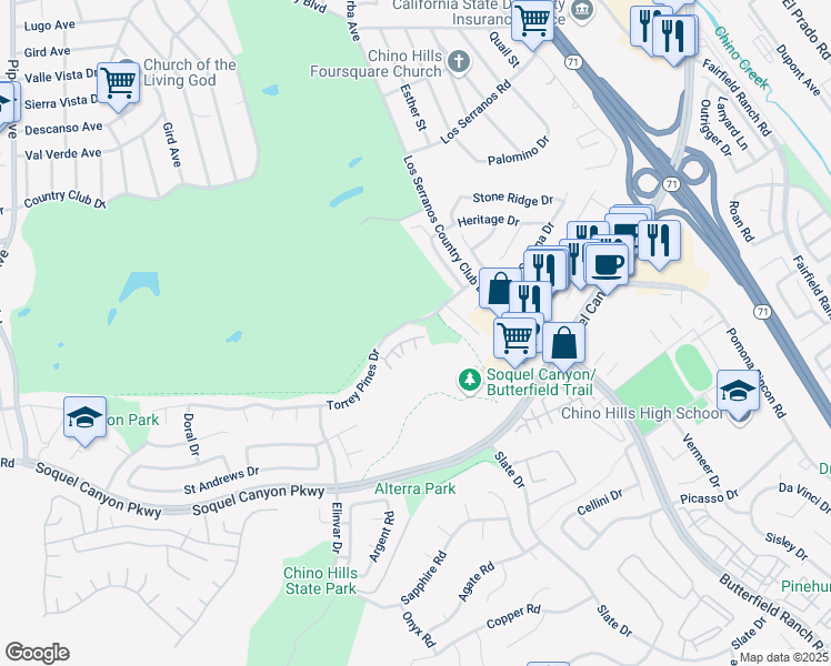 map of restaurants, bars, coffee shops, grocery stores, and more near 4880 Peterson Street in Chino Hills