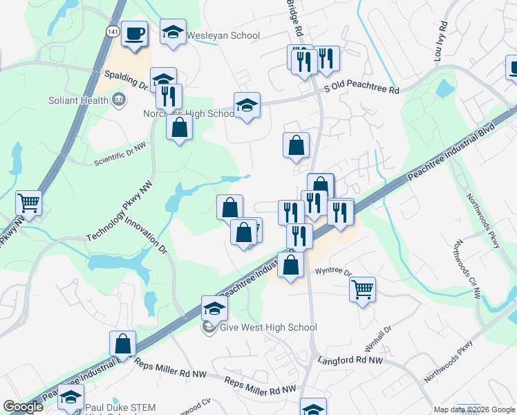 map of restaurants, bars, coffee shops, grocery stores, and more near 5351 Medlock Corners Drive in Norcross