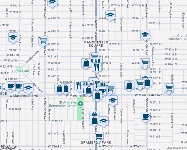 map of restaurants, bars, coffee shops, grocery stores, and more near 1815 West 84th Street in Los Angeles