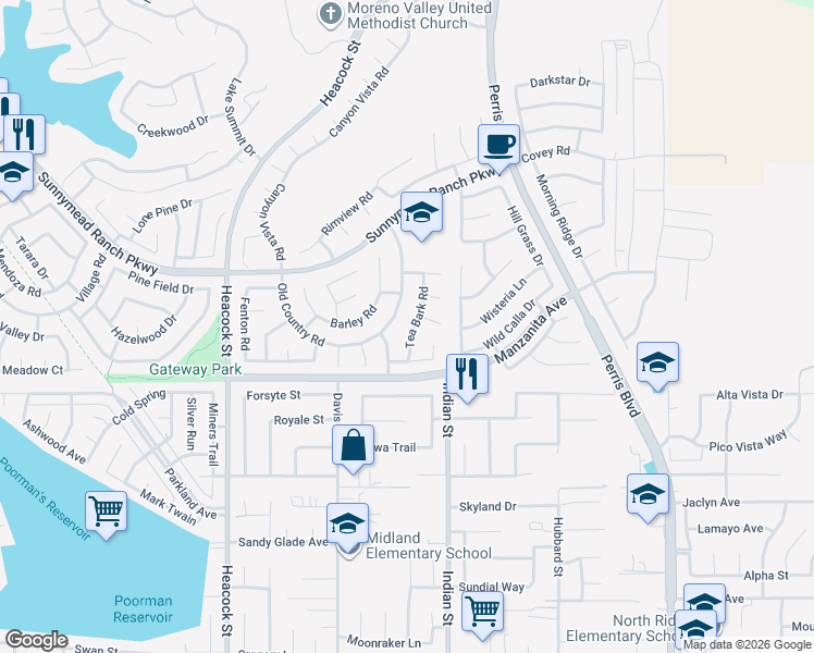 map of restaurants, bars, coffee shops, grocery stores, and more near 10891 Tea Bark Road in Moreno Valley