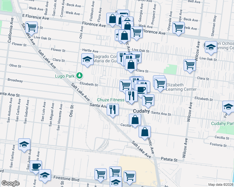map of restaurants, bars, coffee shops, grocery stores, and more near 4446 Elizabeth Street in Bell Gardens