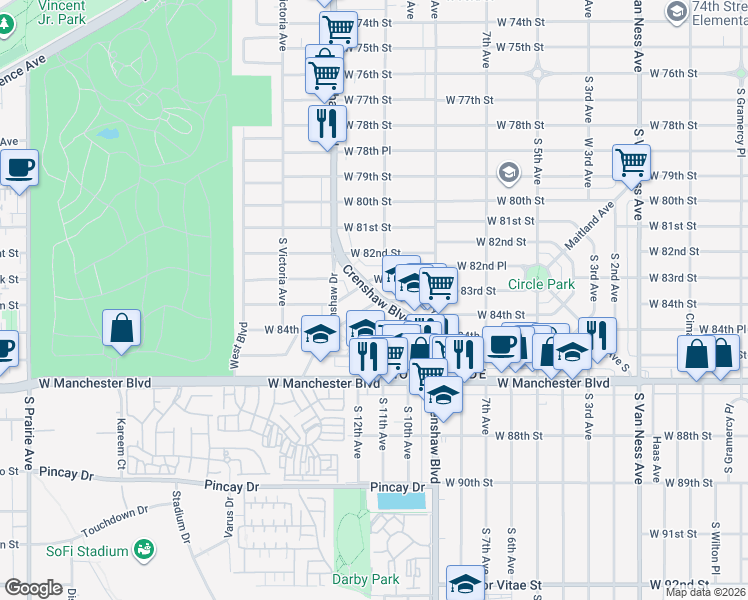map of restaurants, bars, coffee shops, grocery stores, and more near 8321 Crenshaw Boulevard in Inglewood