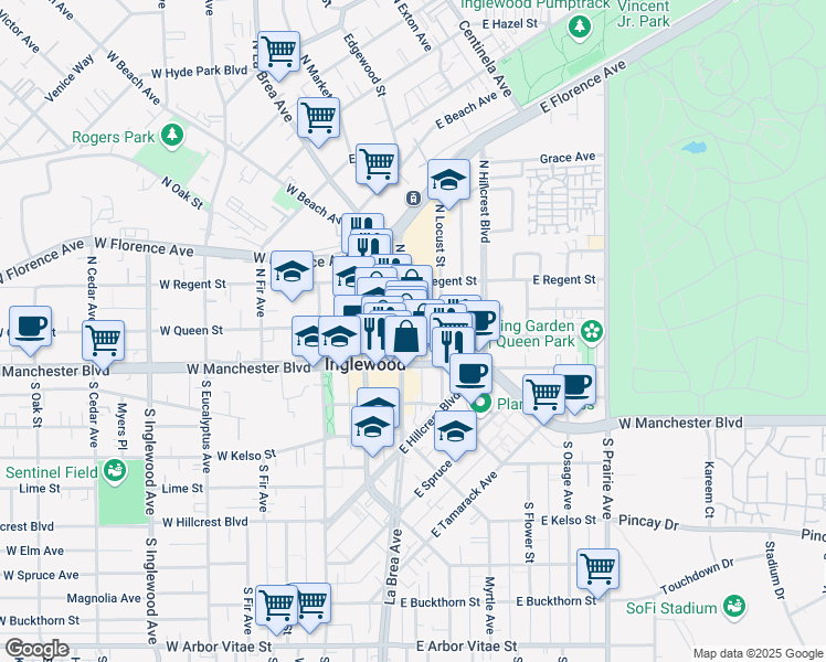 map of restaurants, bars, coffee shops, grocery stores, and more near 304 East Queen Street in Inglewood