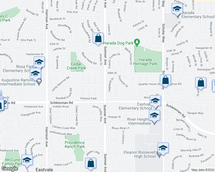 map of restaurants, bars, coffee shops, grocery stores, and more near 6907 Highland Drive in Corona