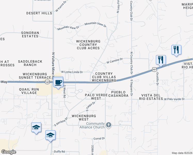 map of restaurants, bars, coffee shops, grocery stores, and more near 5 West Country Club Villas Drive in Wickenburg