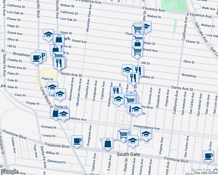 map of restaurants, bars, coffee shops, grocery stores, and more near 8133 Garden View Avenue in South Gate