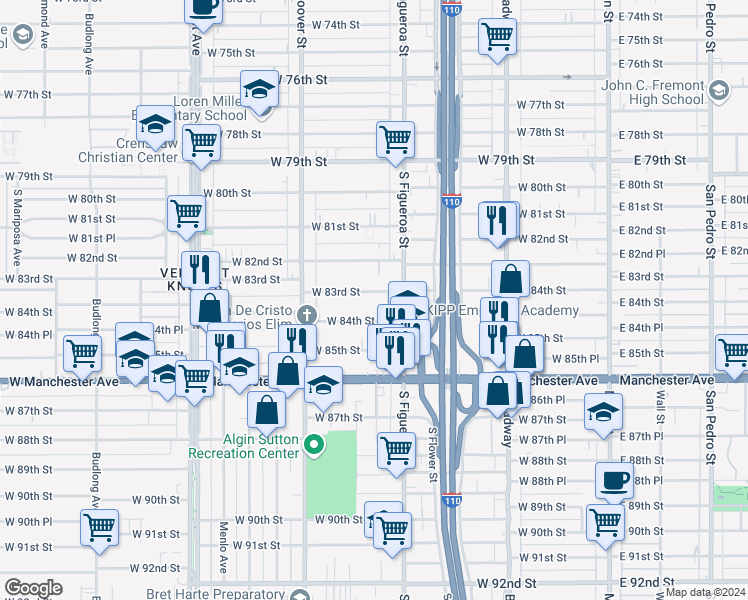map of restaurants, bars, coffee shops, grocery stores, and more near 534 West 83rd Street in Los Angeles