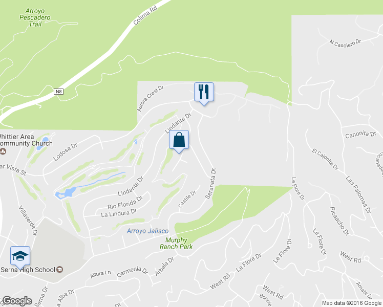 map of restaurants, bars, coffee shops, grocery stores, and more near 16126 Lomacitas Lane in Whittier