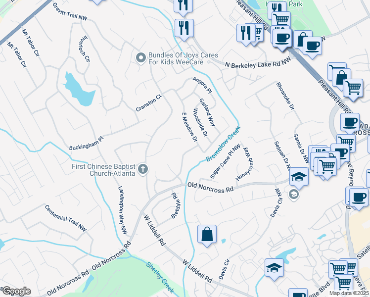 map of restaurants, bars, coffee shops, grocery stores, and more near 4021 Creek Hollow Way in Duluth