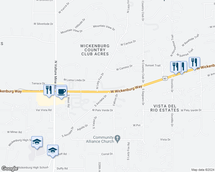 map of restaurants, bars, coffee shops, grocery stores, and more near 5 West Country Club Villas Drive in Wickenburg