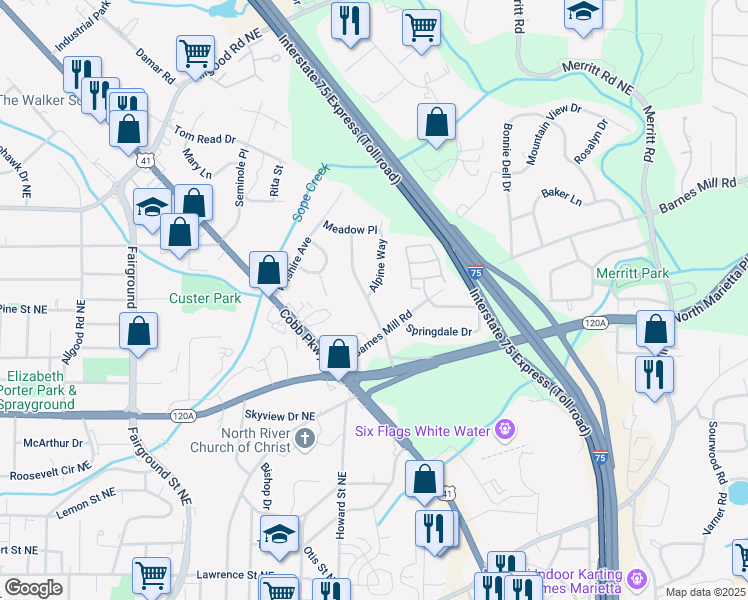 map of restaurants, bars, coffee shops, grocery stores, and more near 470 Barnes Mill Drive in Marietta