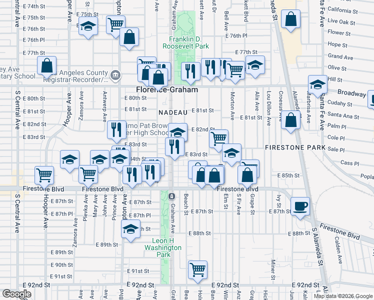 map of restaurants, bars, coffee shops, grocery stores, and more near 8250 Beach Street in Los Angeles
