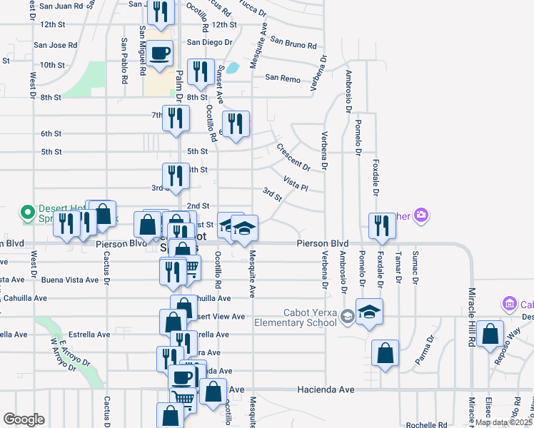 map of restaurants, bars, coffee shops, grocery stores, and more near 66800 First Street in Desert Hot Springs
