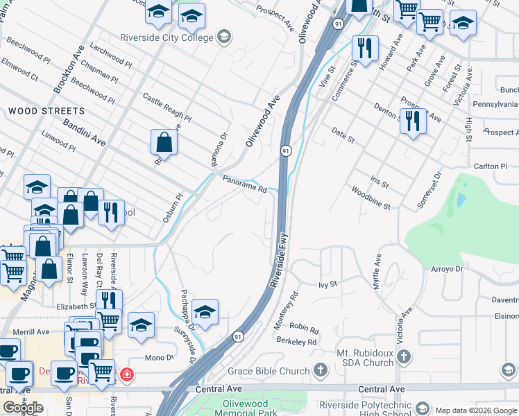 map of restaurants, bars, coffee shops, grocery stores, and more near 3088 Panorama Road in Riverside