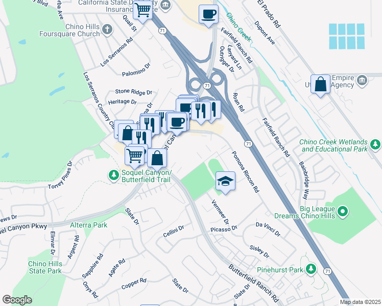 map of restaurants, bars, coffee shops, grocery stores, and more near 15920 Pomona Rincon Road in Chino Hills