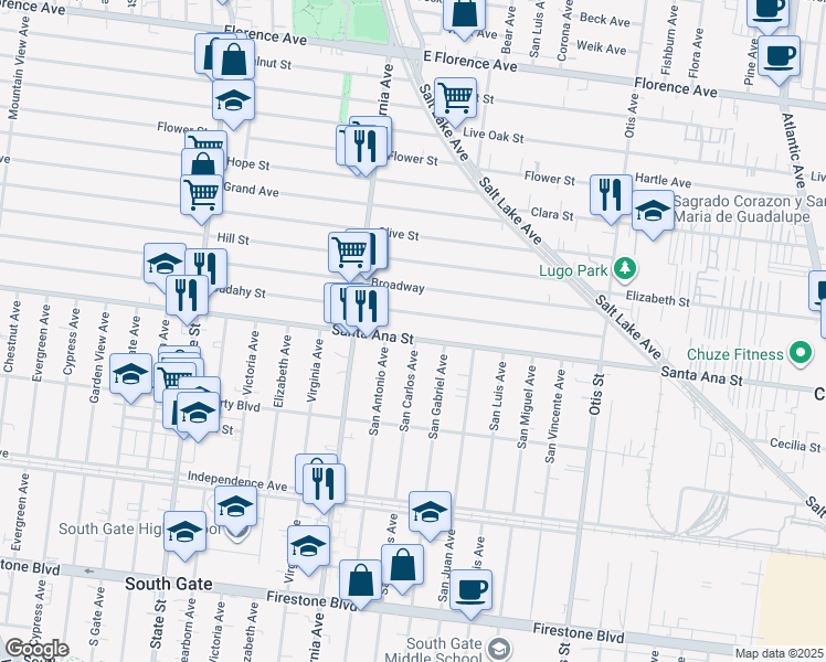 map of restaurants, bars, coffee shops, grocery stores, and more near 3611 Santa Ana Street in Huntington Park