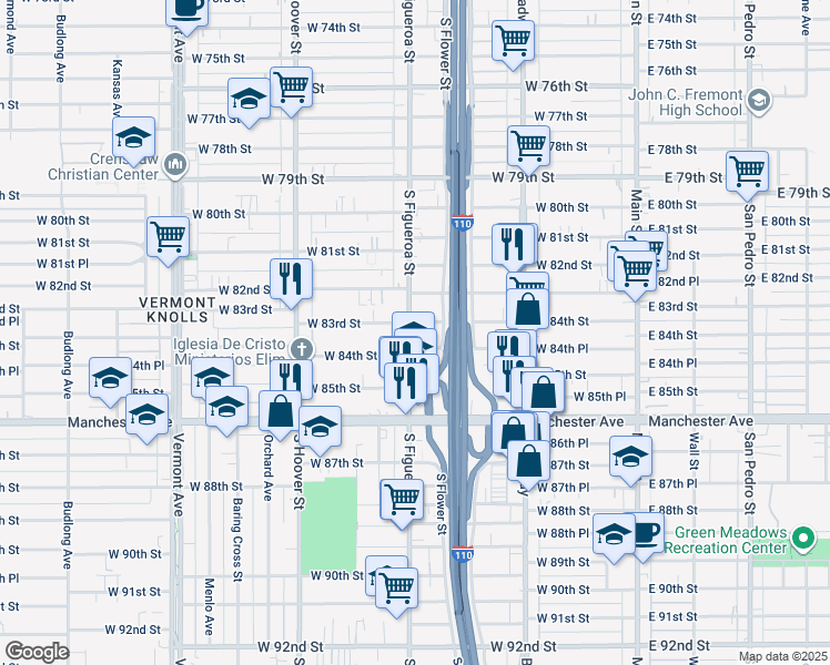 map of restaurants, bars, coffee shops, grocery stores, and more near 8406 South Figueroa Street in Los Angeles