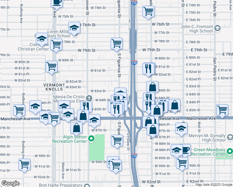 map of restaurants, bars, coffee shops, grocery stores, and more near 8406 South Figueroa Street in Los Angeles