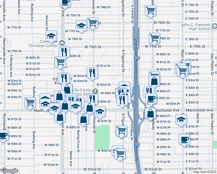 map of restaurants, bars, coffee shops, grocery stores, and more near 702 West 83rd Street in Los Angeles